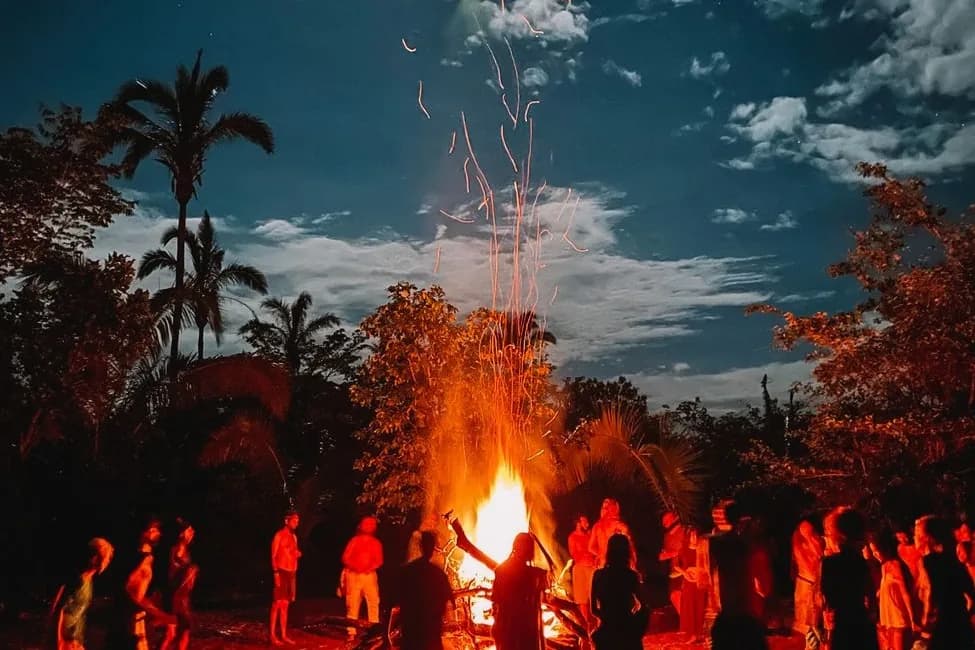 Groupe de personnes autour d'un grand feu de nuit, sous les palmiers