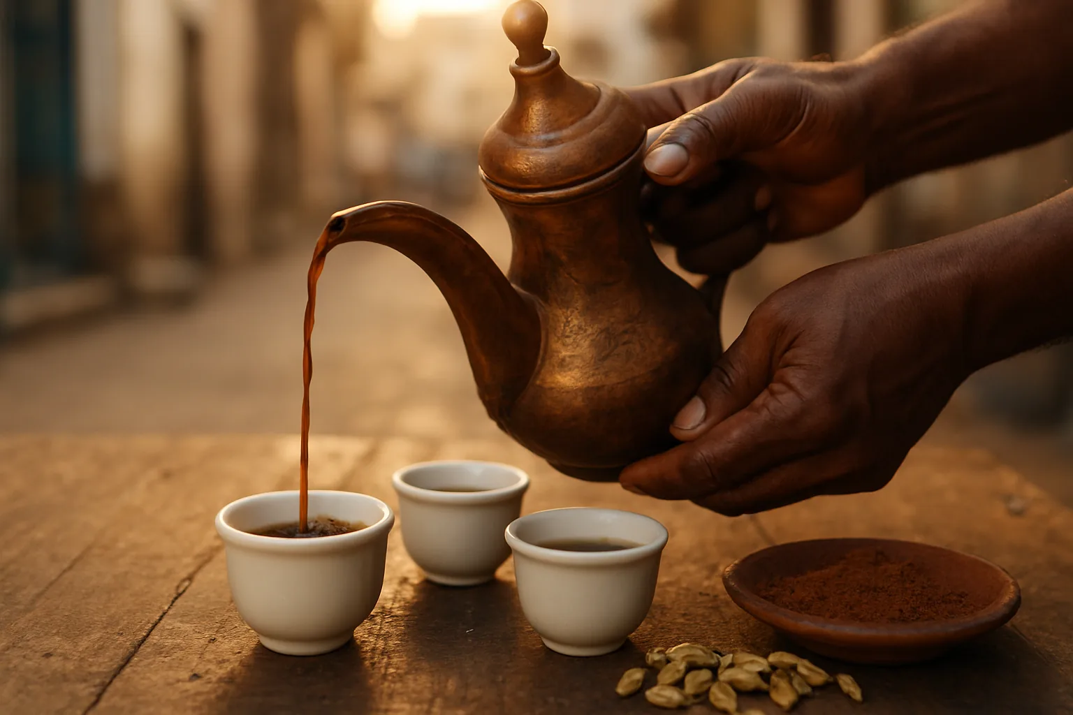 Café versé depuis une cafetière en cuivre dans de petites tasses, à la manière du kahawa de Stone Town, illustration