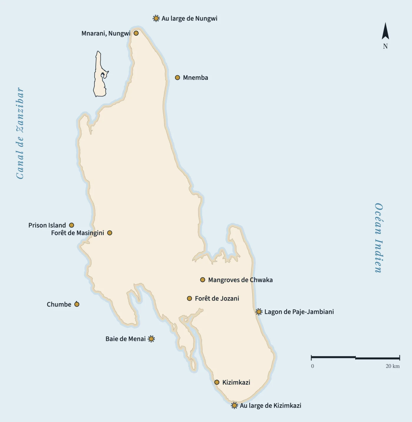 Carte dessinée de l'île d'Unguja à Zanzibar montrant où voir les animaux : Jozani, Prison Island, Nungwi, Mnemba, Chumbe, Kizimkazi et la baie de Menai