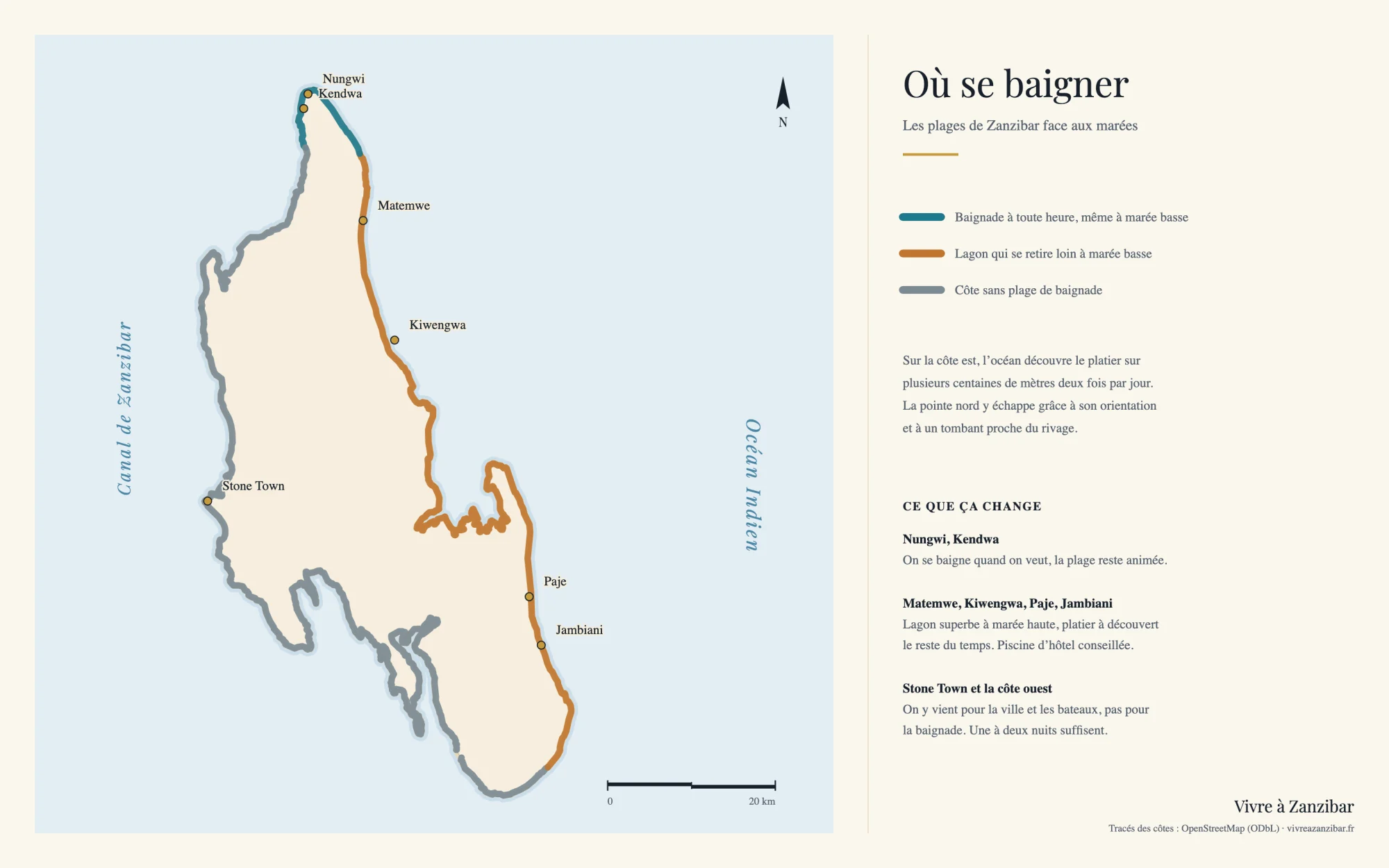 Carte dessinée de Zanzibar montrant les plages où l'on se baigne à toute heure au nord et les lagons à forte marée de la côte est