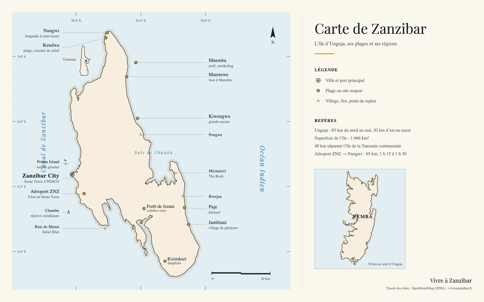 Carte dessinée de l’île d’Unguja à Zanzibar : plages, Stone Town, aéroport et îlots
