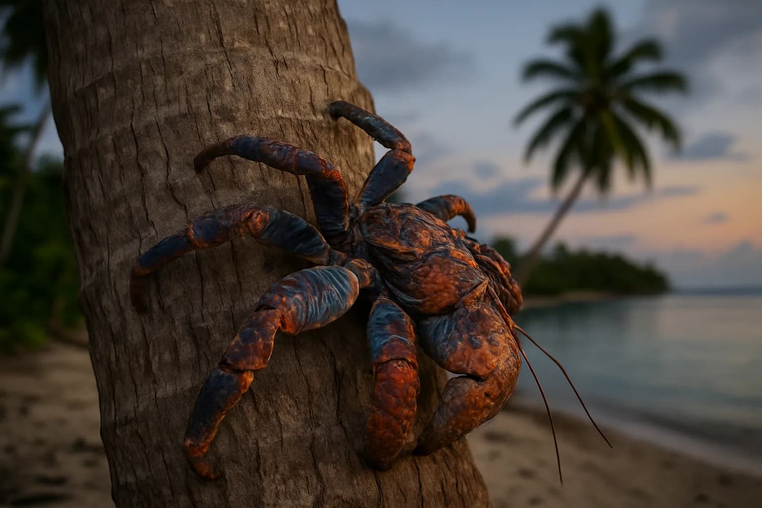 Crabe de cocotier grimpant sur le tronc d'un cocotier au crépuscule, illustration