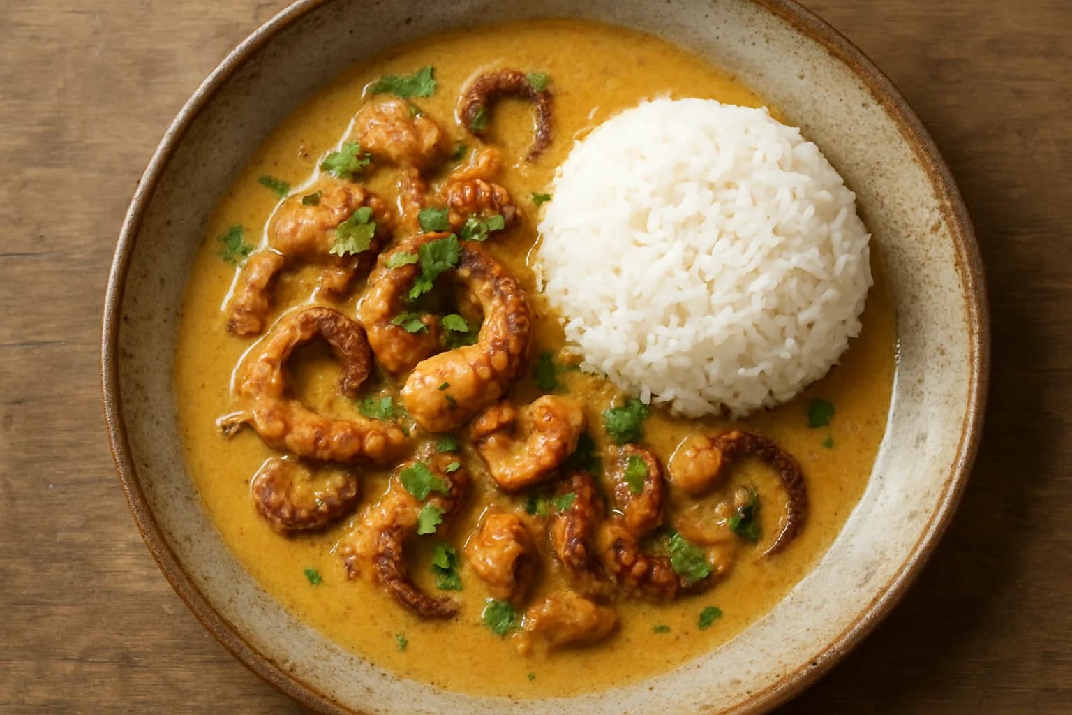Curry de poulpe au lait de coco servi avec du riz blanc et de la coriandre, illustration