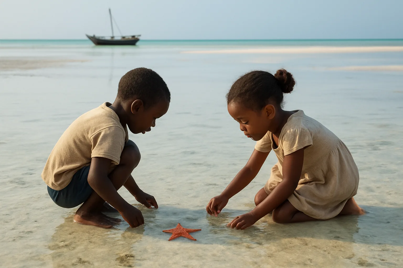 Deux enfants cherchant une étoile de mer dans un lagon peu profond à marée basse