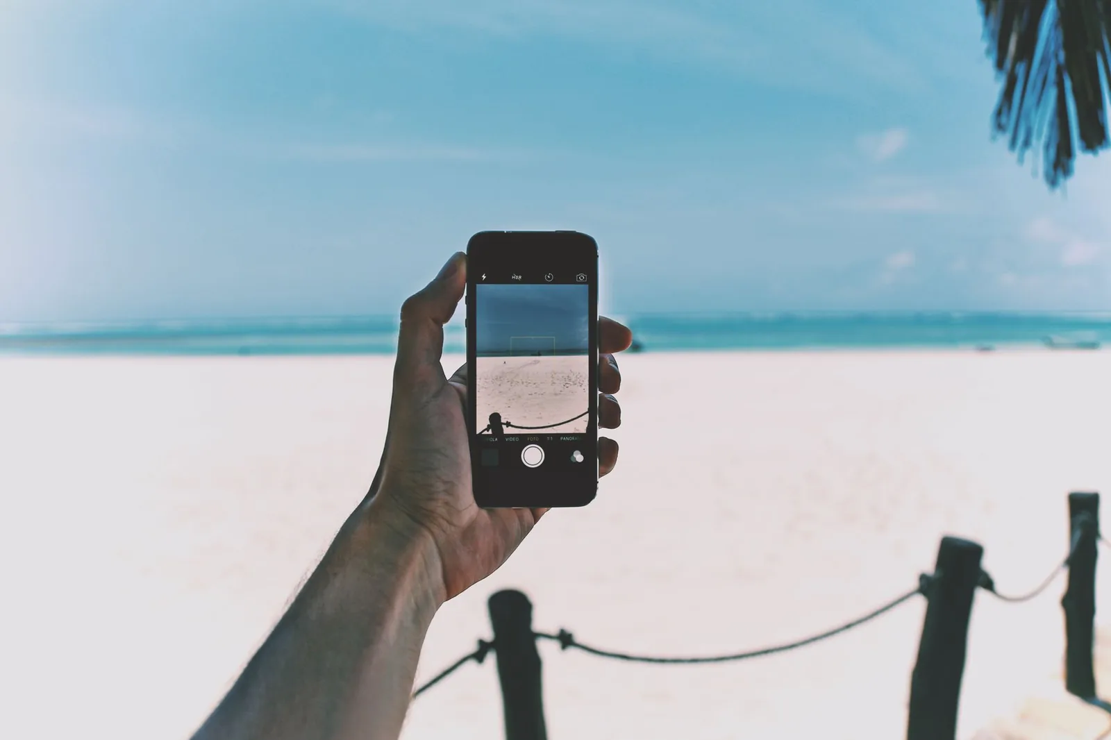 Main tenant un smartphone face à une plage de sable blanc et à l'océan turquoise, comme lorsqu'on cherche du réseau à Zanzibar