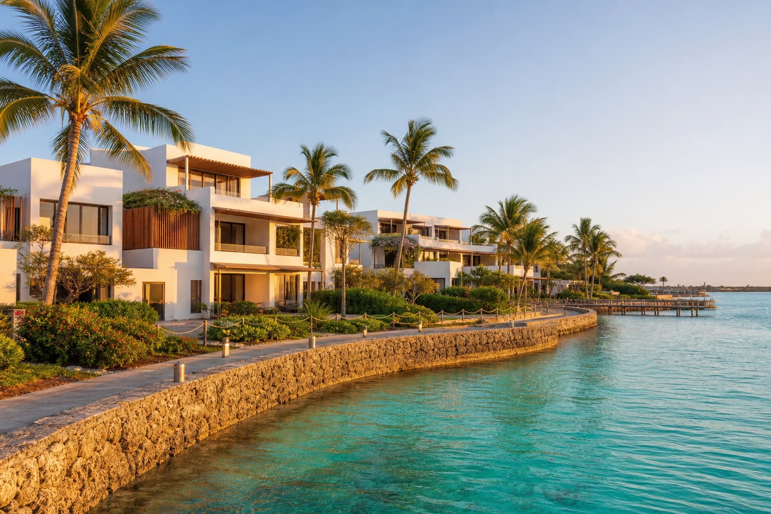 Développement immobilier moderne en bord de lagon turquoise à Zanzibar, style éco-ville de Fumba