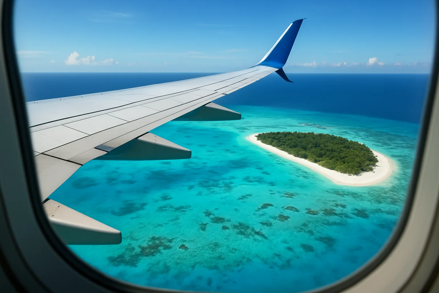 Vue depuis un hublot d'avion : aile au-dessus d'un lagon turquoise et d'une île bordée de sable blanc dans l'océan Indien