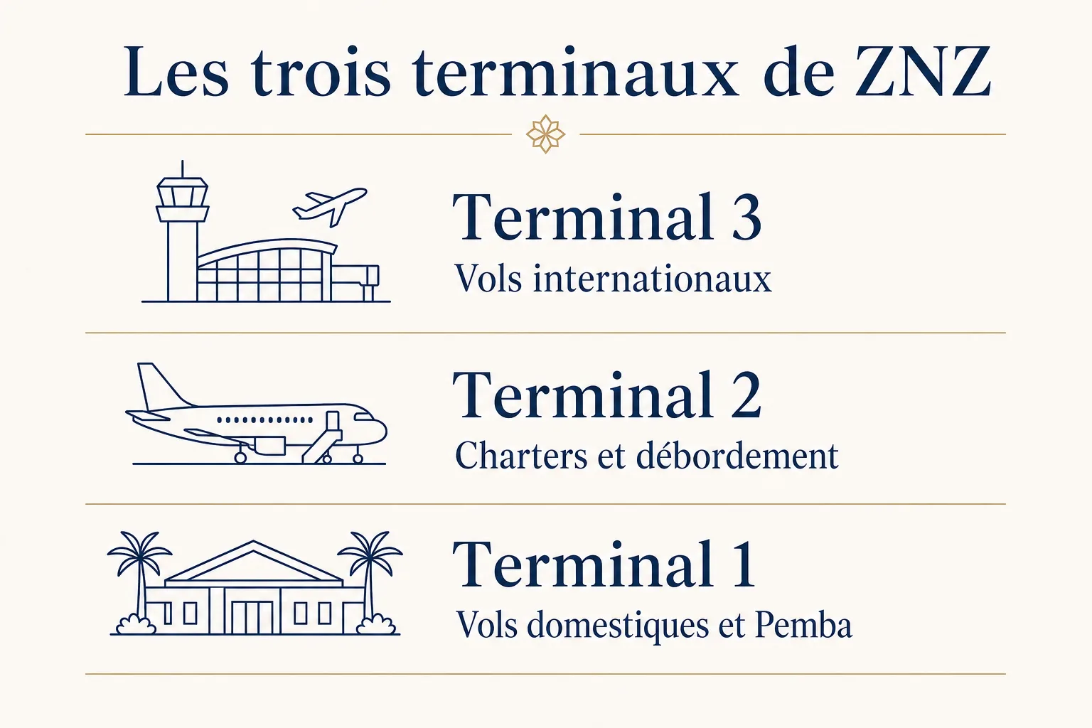 Infographie des trois terminaux de l'aéroport de Zanzibar : T3 international, T2 charters, T1 domestique et Pemba