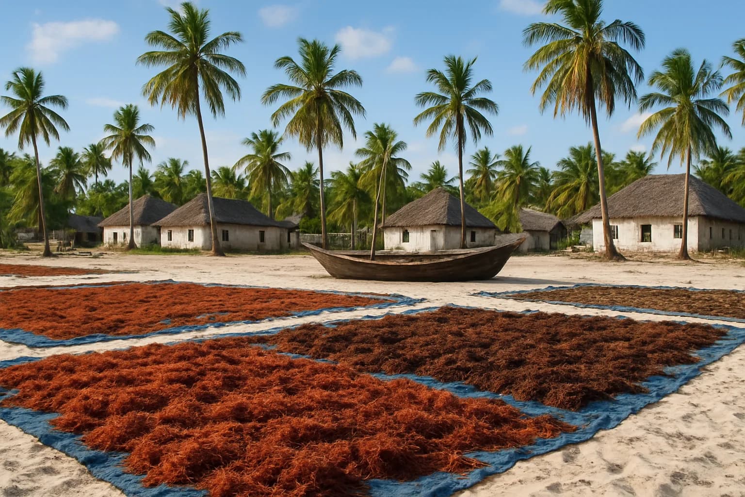 Algues rouges séchant au soleil sur des bâches et du sable dans un village de la côte est de Zanzibar