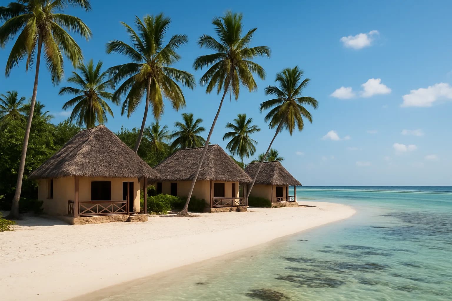 Bungalows au toit de chaume sous les cocotiers face au lagon turquoise, côte est de Zanzibar