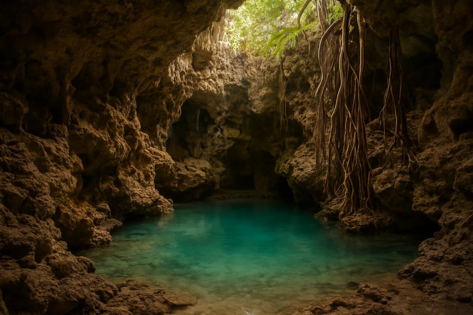 Grotte calcaire avec bassin d'eau turquoise et racines pendantes, Zanzibar