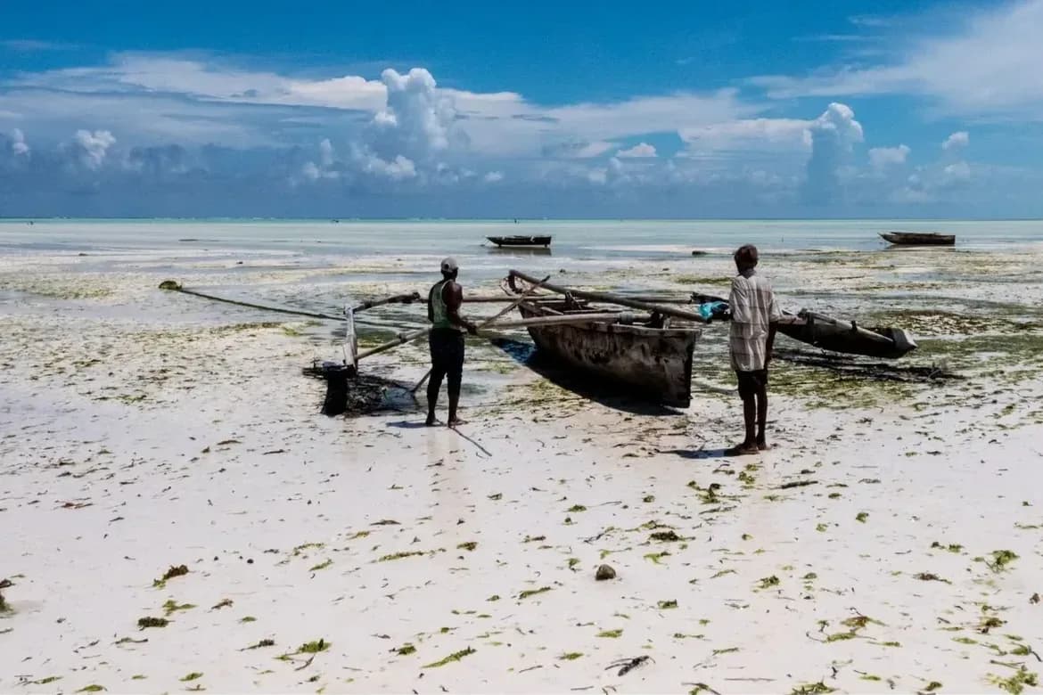 Deux pêcheurs près d'une pirogue à balancier échouée sur le sable blanc de la côte est de Zanzibar à marée basse