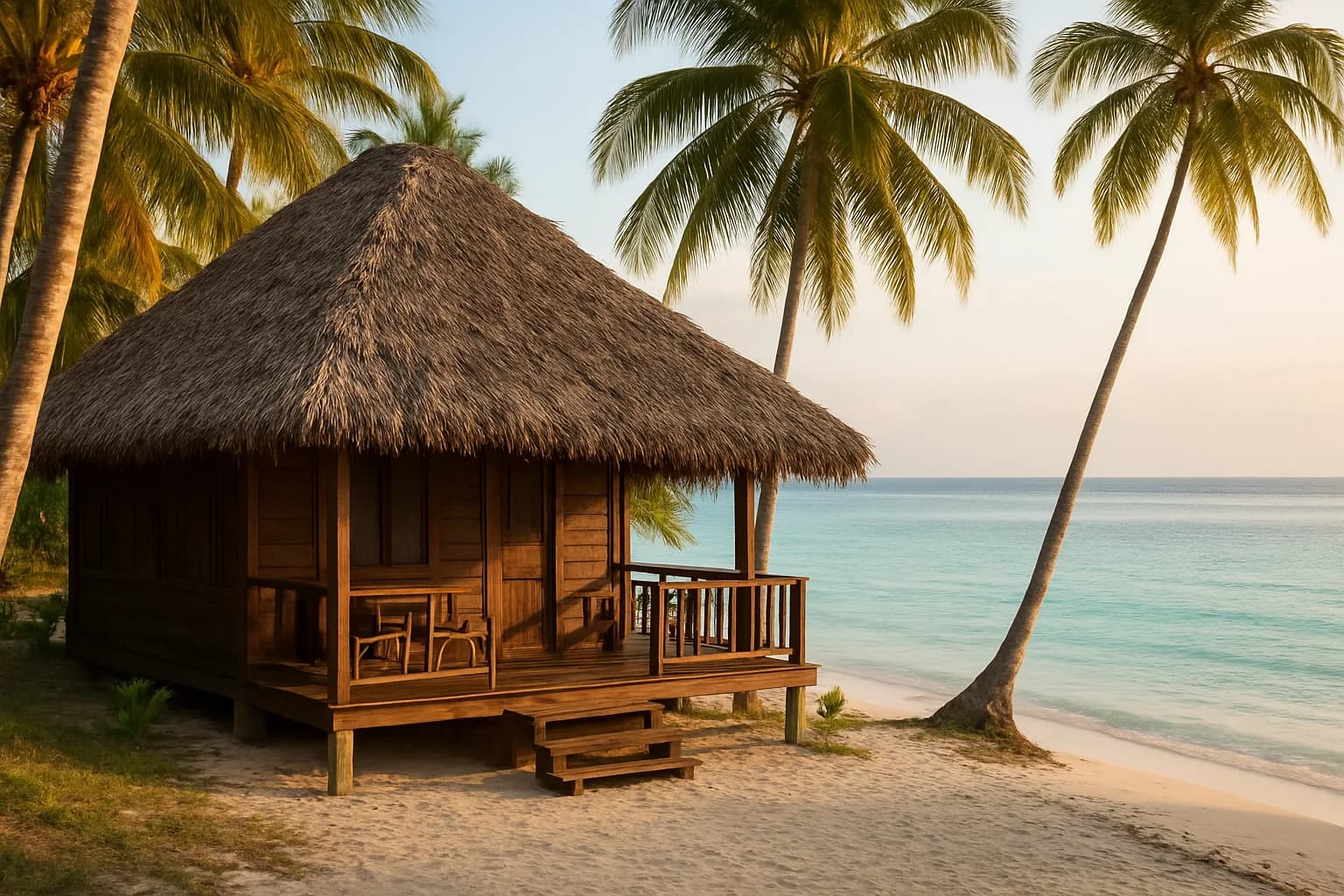 Bungalow de lodge au toit de makuti face à une plage tranquille bordée de cocotiers, comme les lodges d'Utende à Mafia