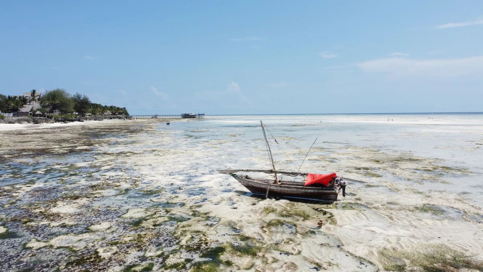 Dhow de pêcheur échouée sur le lagon découvert à marée basse, côte est de Zanzibar