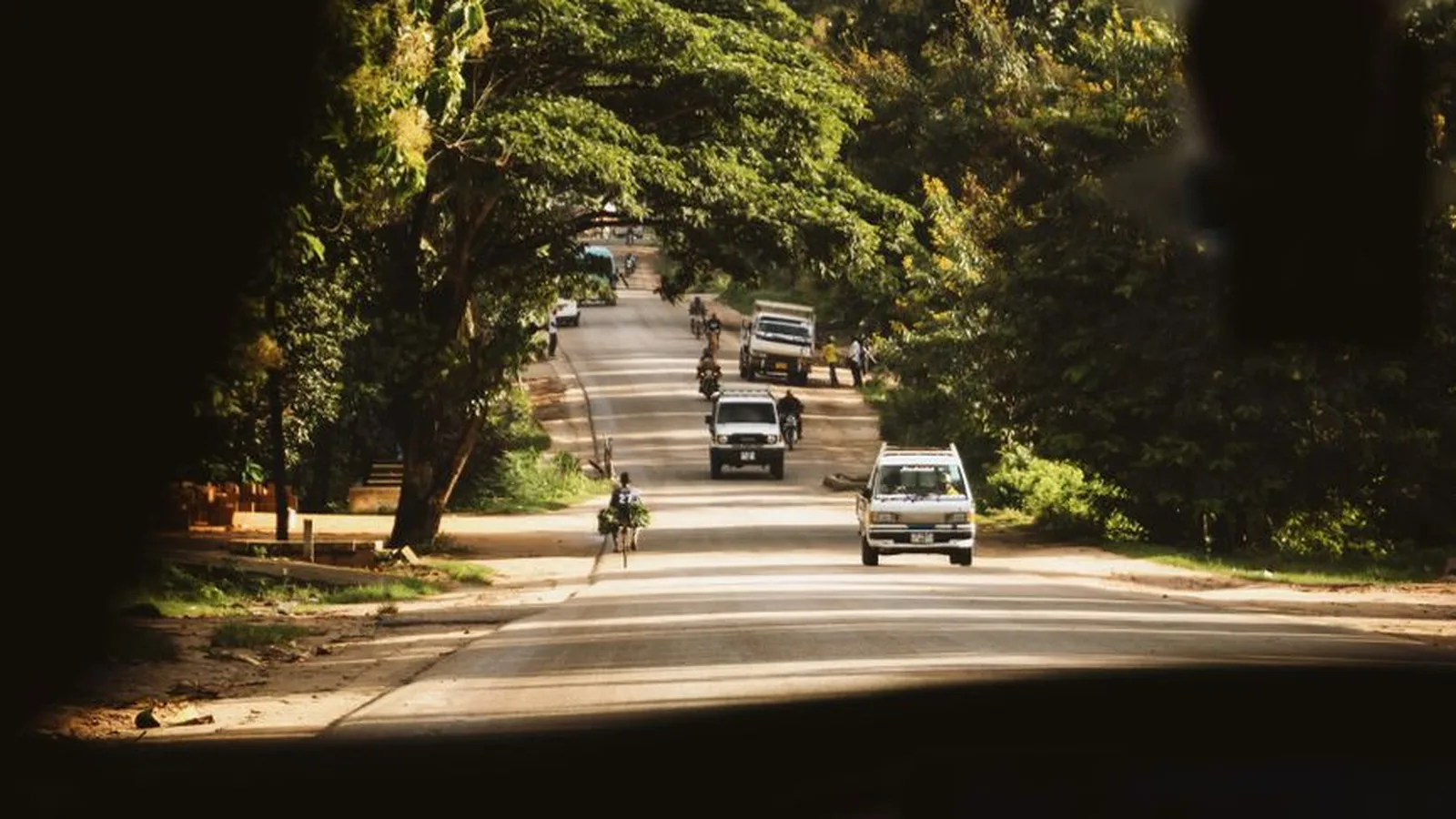 Route de Zanzibar vue depuis un taxi, avec dala dala et vélos sous les arbres