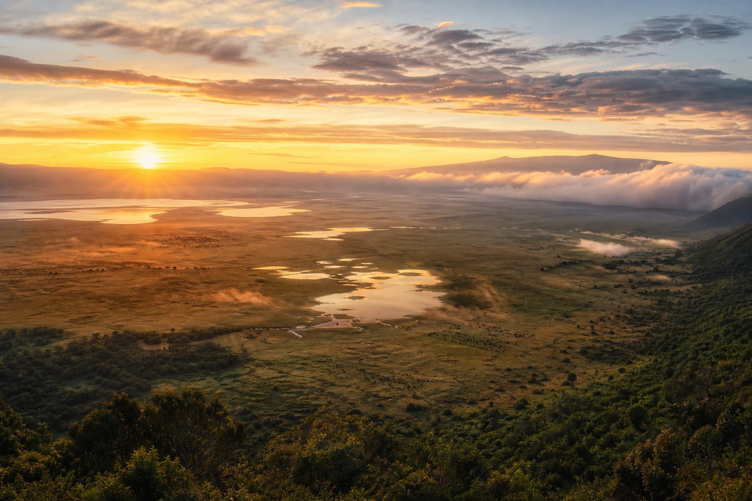 Vue panoramique du cratère du Ngorongoro au lever du soleil en Tanzanie