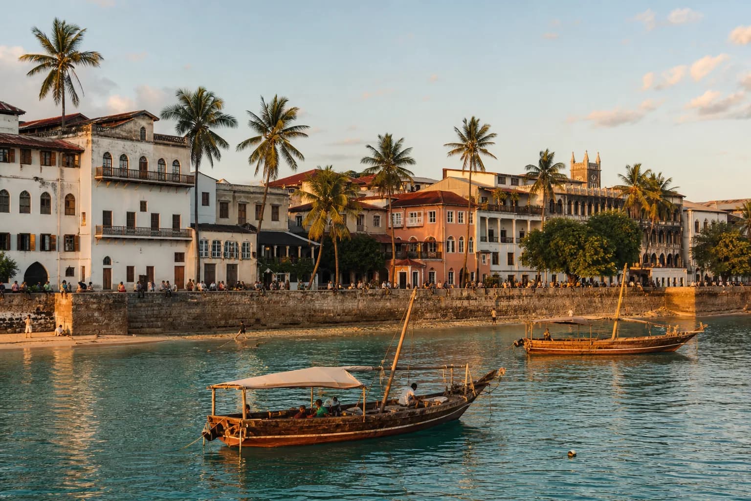 Front de mer de Stone Town au coucher du soleil, boutres et architecture swahilie à Zanzibar