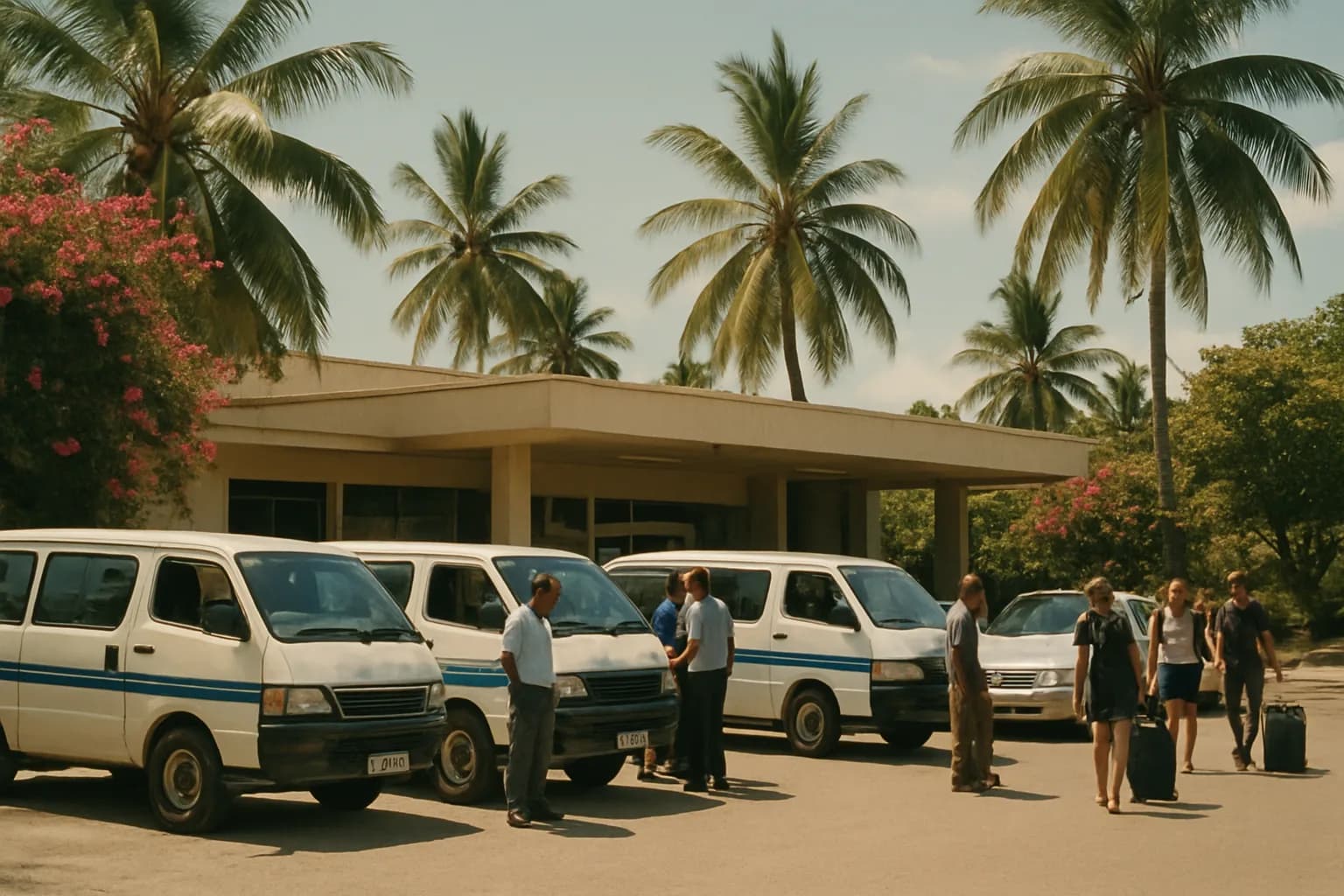 Taxis et minibus de transfert alignés devant la sortie des arrivées de l'aéroport de Zanzibar