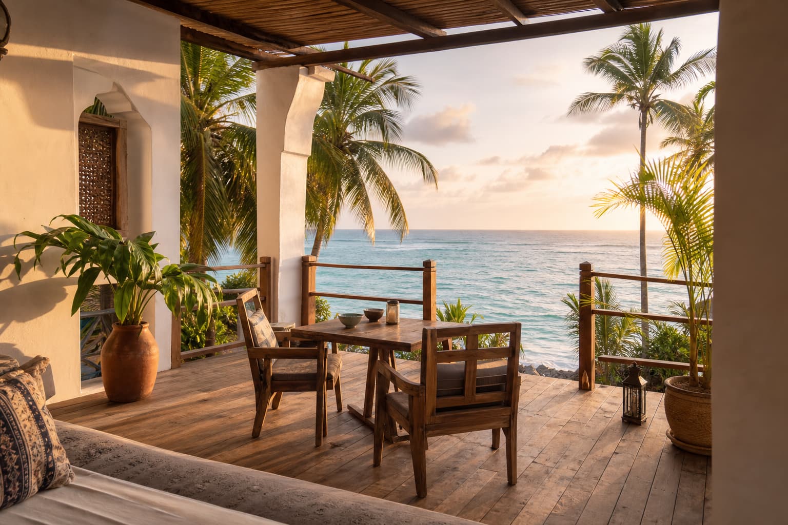 Terrasse d'une maison face à l'océan Indien au coucher du soleil à Zanzibar