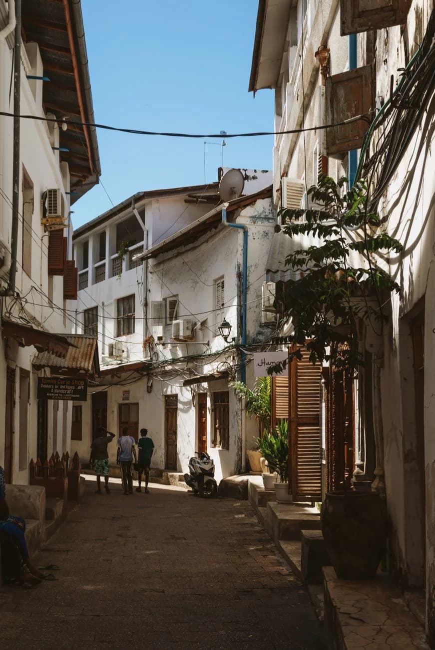 Ruelle commerçante de Stone Town à Zanzibar avec boutiques et passants, où se trouvent les bureaux de change