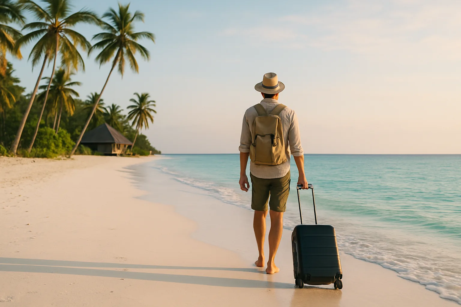 Voyageur de dos avec une valise cabine sur une plage de sable blanc, palmiers et bungalow au fond