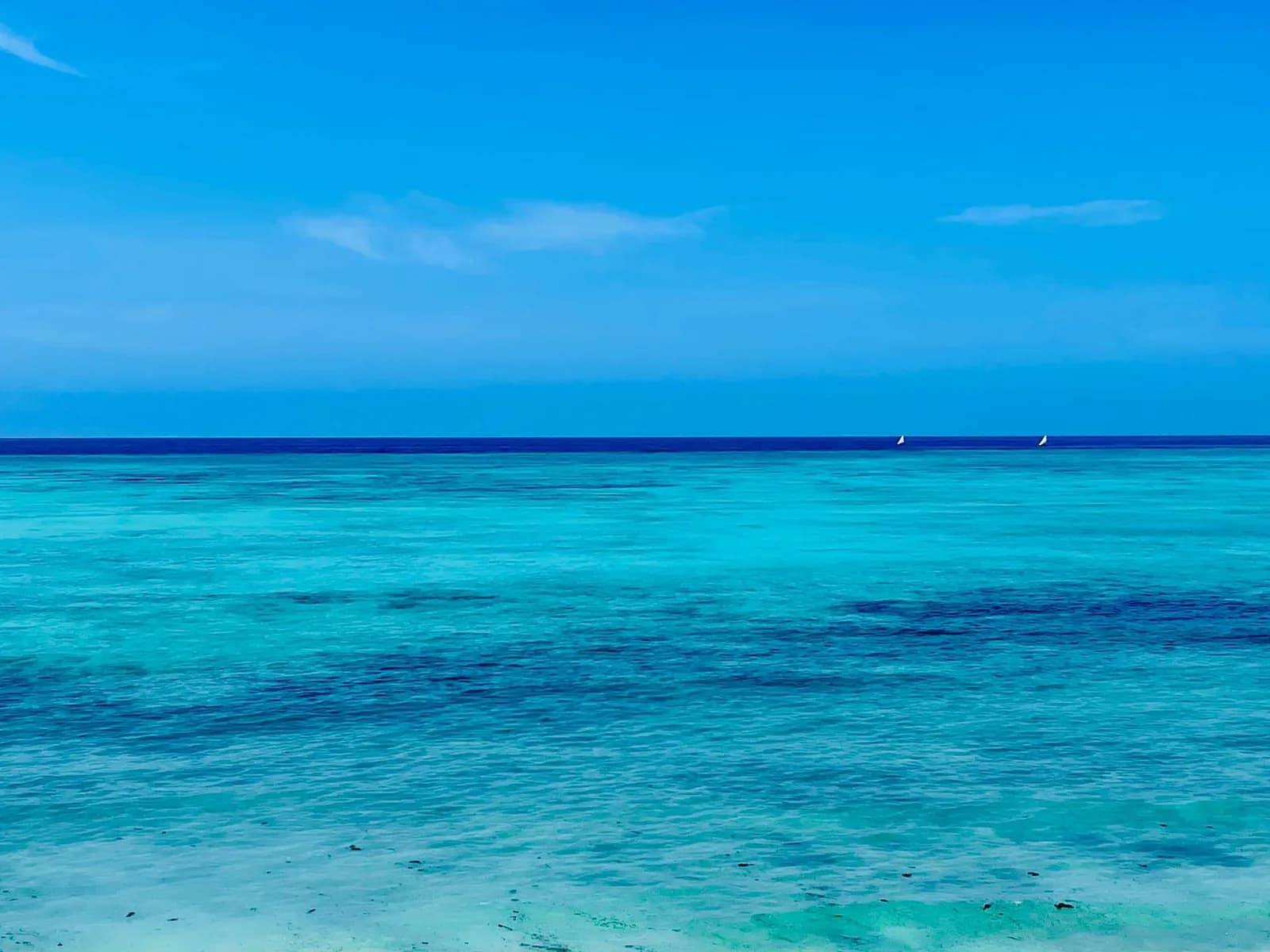 Mer turquoise calme et ciel bleu dégagé avec des voiles de dhows à l'horizon à Zanzibar en février
