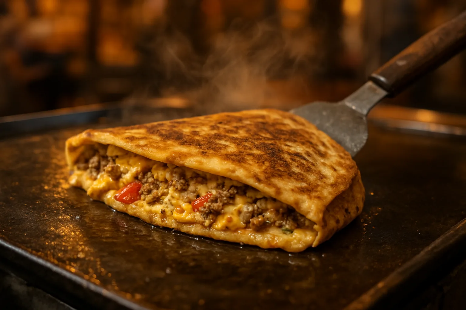 Zanzibar pizza, crêpe farcie pliée en carré, qui grille sur une plaque, illustration